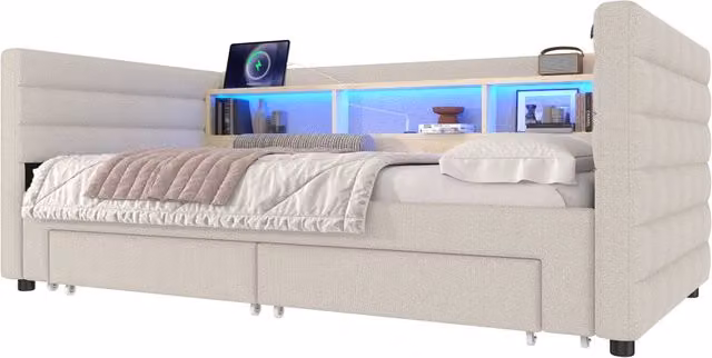 Letto a Divanetto Moderno in Velluto Beige con Cassetti, Contenitore, Luci LED e Porte USB/Type-C, L/P: 90 x 190 cm – 1