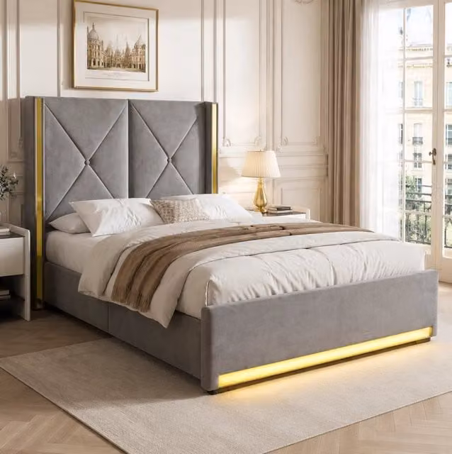 Letto imbottito 90x200 cm con contenitore; LED; USB e tasche in velluto grigio scuro