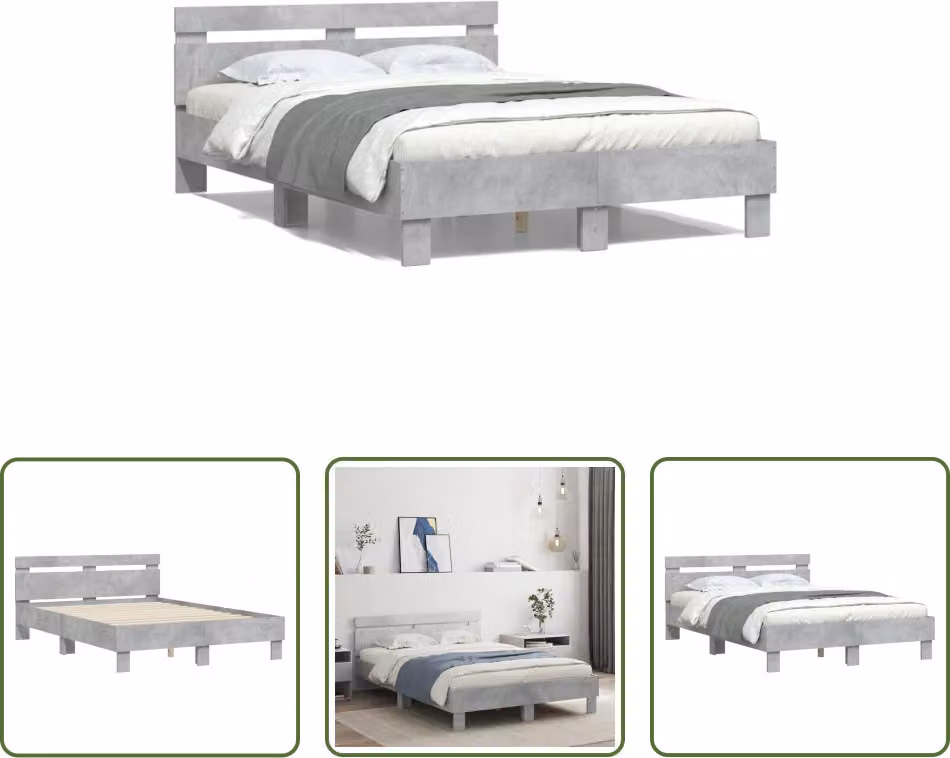 The Living Store Giroletto con testiera in cemento grigio 135x190 cm Materiale a base di legno