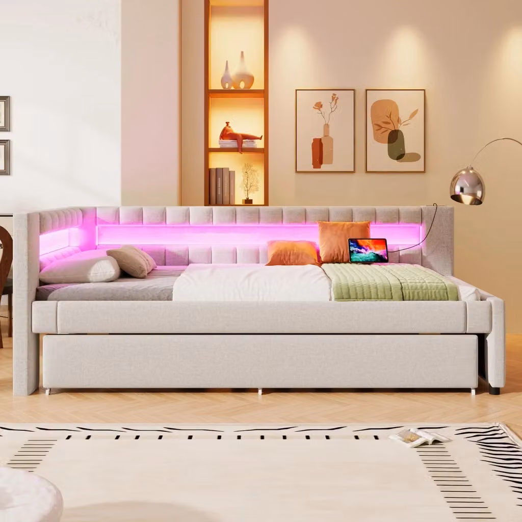 Letto divano singolo OKWISH in lino beige con letto estraibile, illuminazione LED e porte di ricarica USB e Type-C, L/P/H: 90 x 200 cm – 2