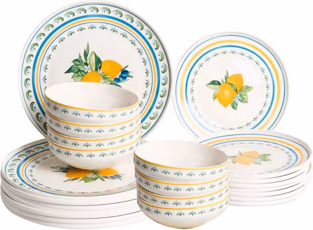 Set da 24 stoviglie in porcellana bianca/verde con finitura smaltata e motivo agrumi limoni Ciotole e piatti per cucina e sala da pranzo