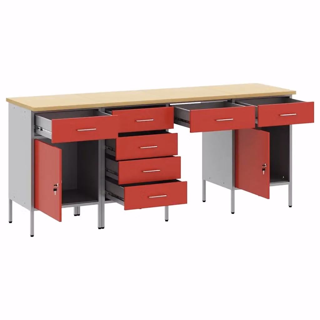 Set di 4 mobili da lavoro vidaXL in legno ingegnerizzato e acciaio, colore rosso con cassetti chiudibili a chiave – 2