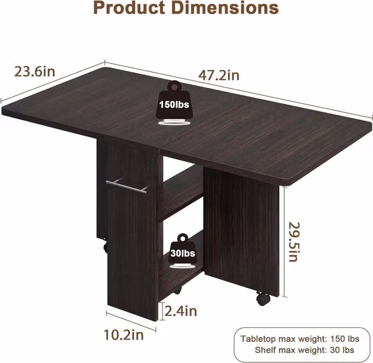 Tavolo da pranzo con rotelle e spazio contenitivo - Tavolo pieghevole - Per 2-4 persone - 60 x 120 x 75 cm - Rettangolare - Nero