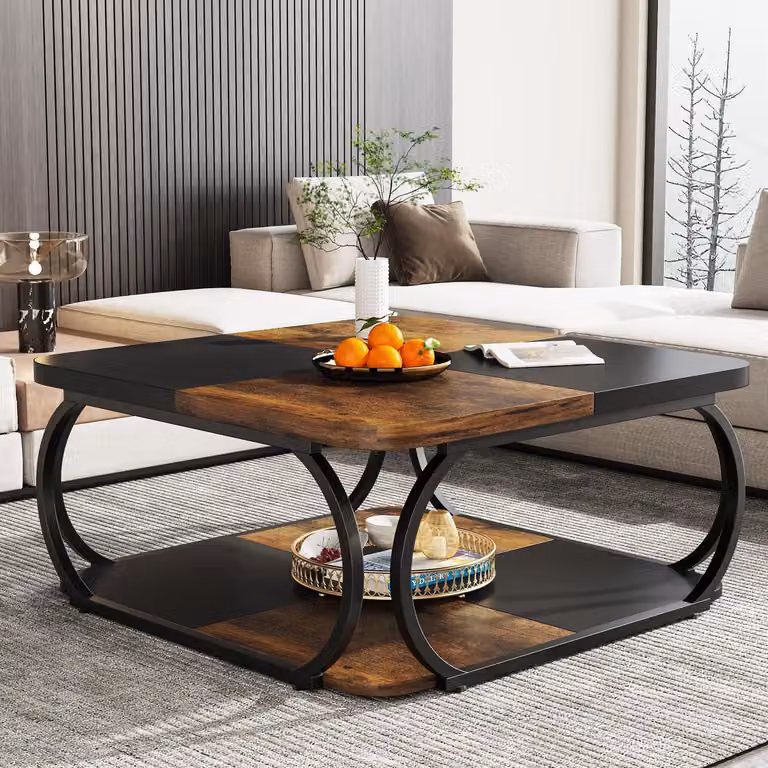 Tavolino quadrato per soggiorno, 100 x 100 x 50 cm, realizzato in legno composito, colore marrone e nero