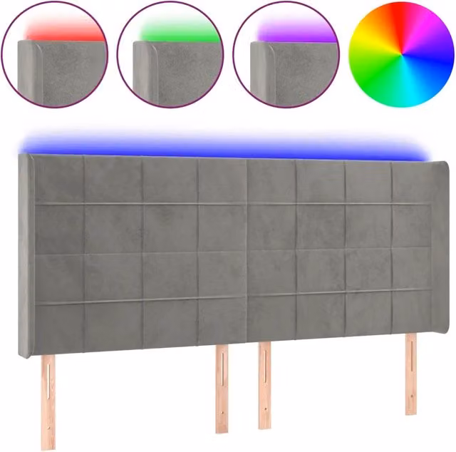 Testata del letto con illuminazione LED e porta USB in velluto grigio chiaro L: 163 cm, P: 16 cm, H: 118-128 cm