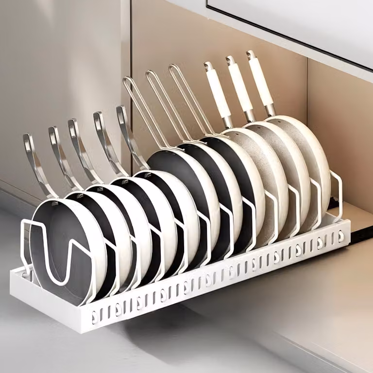 Porta pentole e coperchi con 12 scomparti regolabili, bianco, per cassetti da cucina
