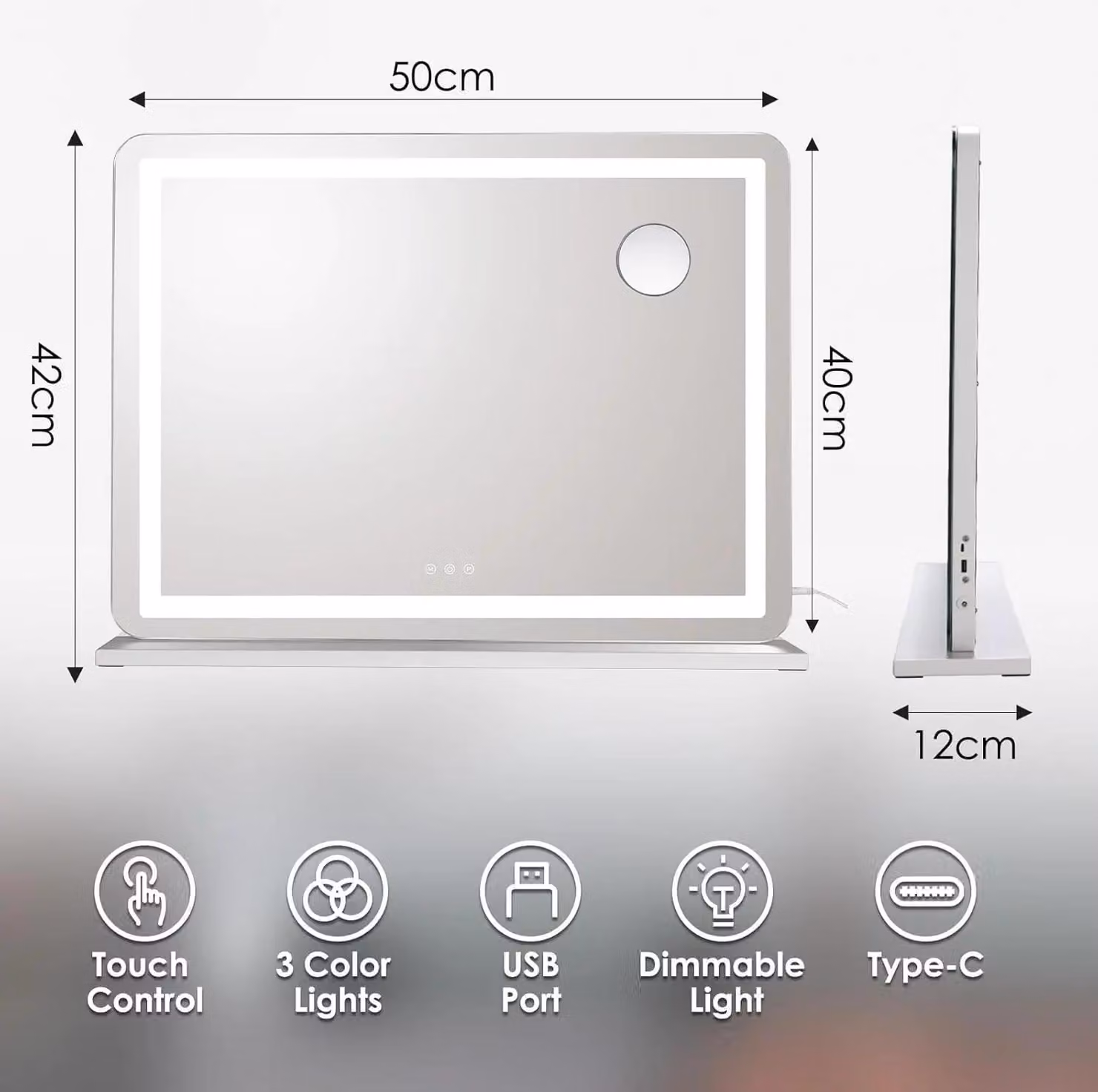 Specchio per il trucco - Hollywood con illuminazione - 50 x 40 cm - 3 temperature di colore - USB e USB-C - specchio con ingrandimento 10x - acciaio inossidabile - giallo