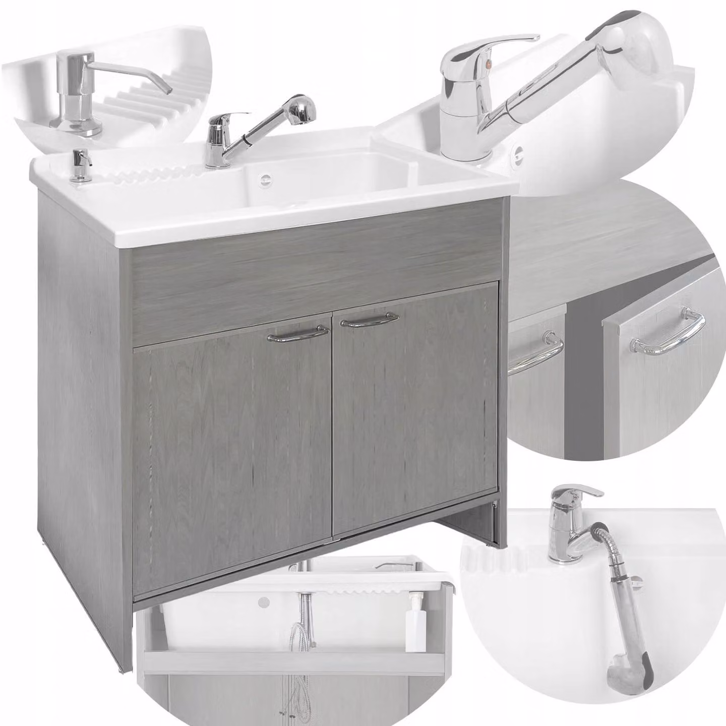 Set lavabo SIGO 85x78 cm – Grigio, con mobile sottolavabo, rubinetto e dispenser saponiera