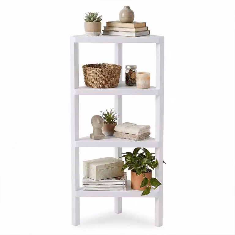 KOMFOTTEU Scaffale angolare a 4 ripiani, portata 32 kg, mobile angolare, plastica con ripiani, ideale per bagno, cucina, soggiorno, camera da letto, ufficio, 46 x 33 x 99 cm (bianco)