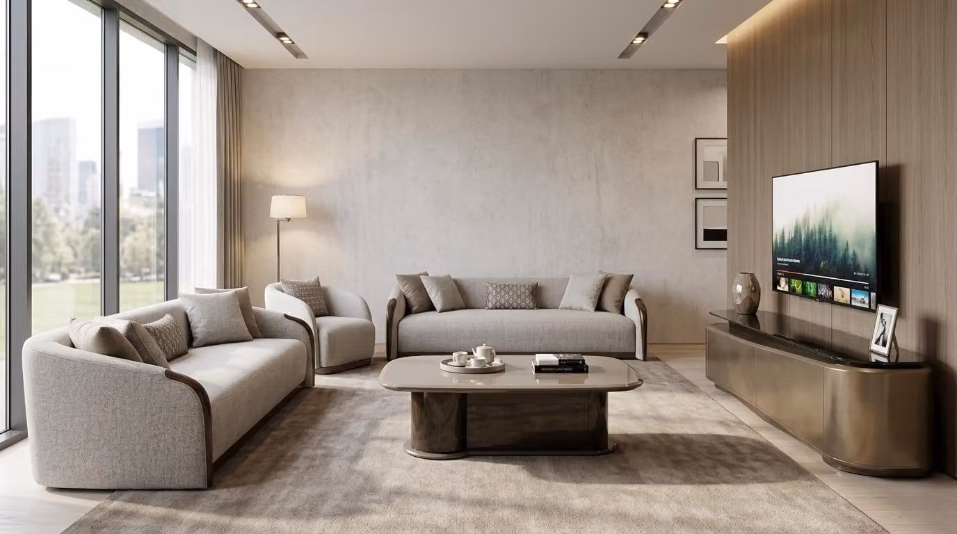 Set soggiorno: divano, tavolino, mobile TV a basso profilo. Design moderno, comfort elevato