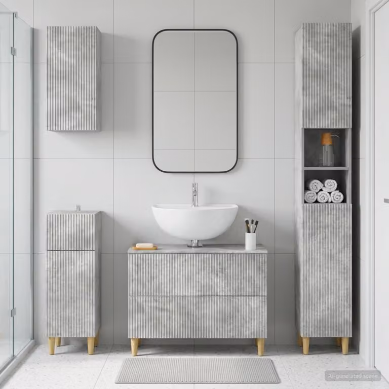Set di mobili da bagno moderno vidaXL ARNHEM da 4 pezzi in grigio cemento con mobile sottolavabo e pensile a parete