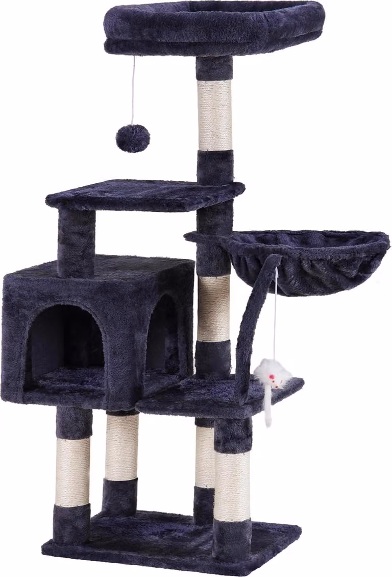 Albero per gatti con giochi, torre per gatti da interno: piattaforma imbottita in peluche, amaca e tiragraffi in sisal - grigio fumo (EMPJ004SG-N)