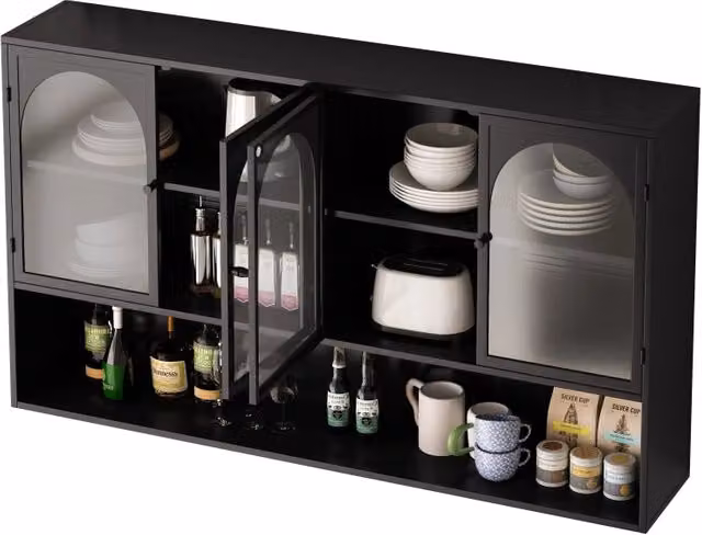 Vetrina a parete industrial con 4 ante in vetro e struttura in metallo per cucina e soggiorno, nero e grigio, L: 120 cm, P: 23 cm, H: 70 cm – 1