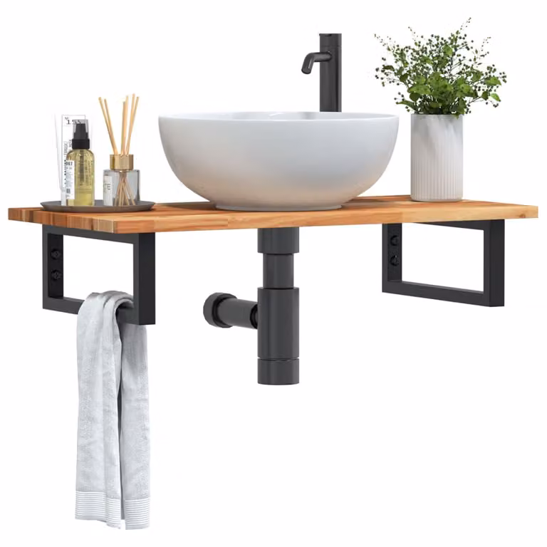 vidaXL Ripiano a Parete per Lavabo in Legno di Acacia Oliato e Acciaio, L: 80 cm, P: 40 cm, H: 17 cm