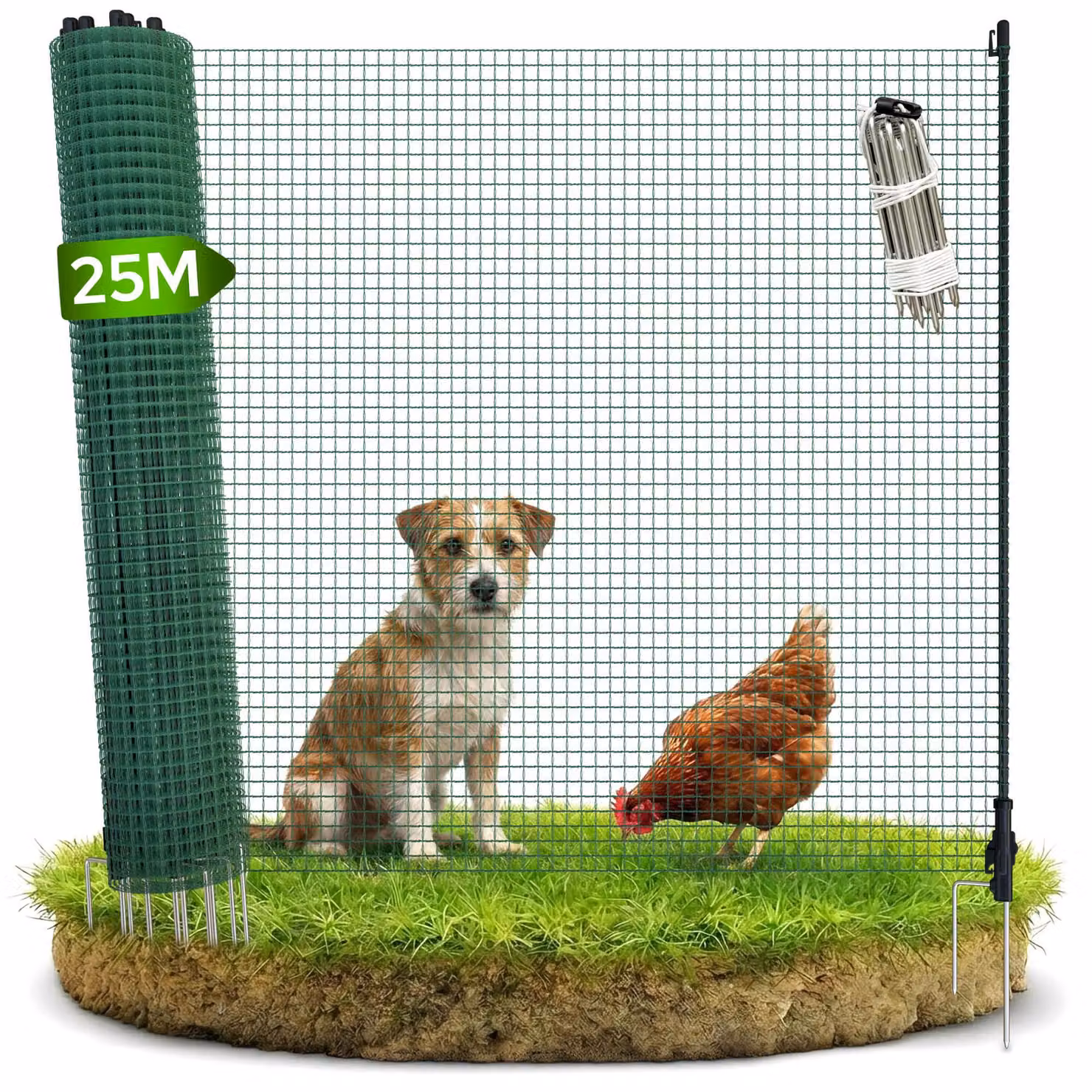 Arebos Recinzione mobile 25 m Recinzione da giardino flessibile 90 cm Rete di delimitazione con 15 pali per cani, polli e piccoli animali Resistente alle intemperie
