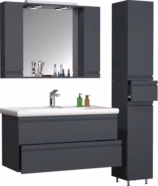 Set Bagno Completo Ezooza 4 Pezzi Moderno in Antracite con Mobile Lavabo Extra Large, Colonna, Pensile a Specchio con LED e Lavabo in Ceramica