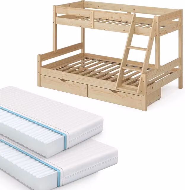 Letto a castello Everest Vitalispa in legno di pino marrone con 2 materassi e 2 cassetti per cameretta bambini L/P: 120 x 200 cm e 80 x 200 cm – 1