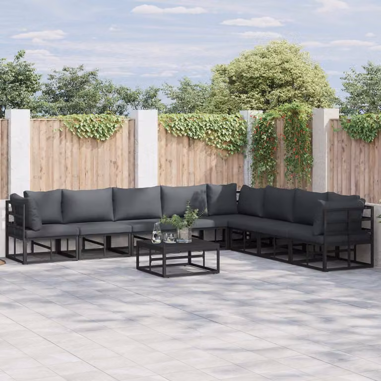 vidaXL Set Divano da Giardino a L in Alluminio Verniciato Nero con Cuscini Antivivide 8 pz