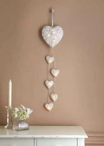 Set di 6 decorazioni a forma di cuore con luci LED, alimentato a batteria, 15 cm, luce bianco caldo