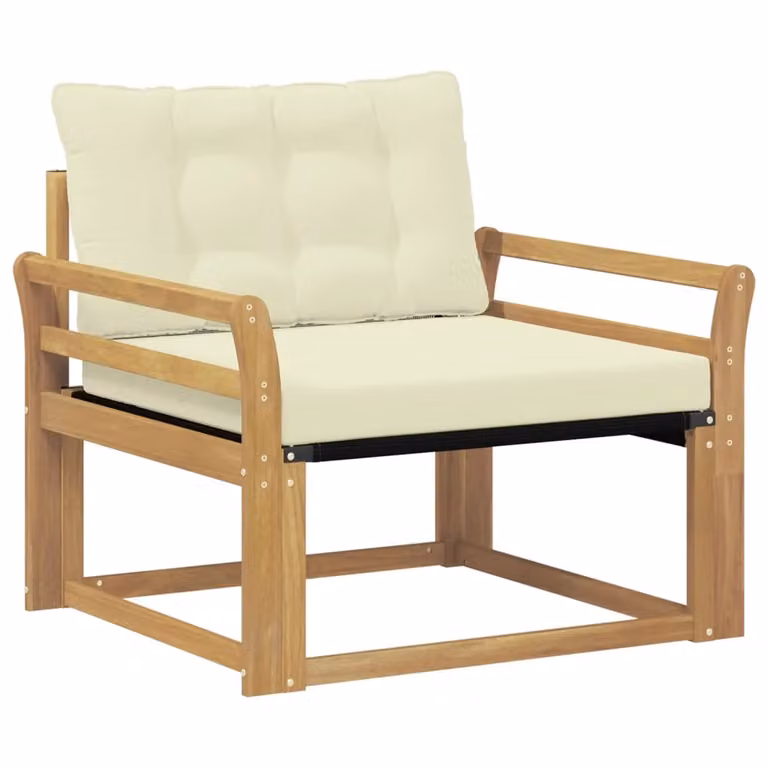 Set di divani da esterno moderno in legno di acacia massello e textilene con cuscini beige e bianchi per giardino e terrazza