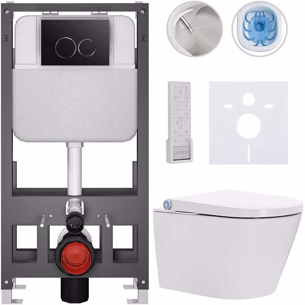 CERANO - WC sospeso con bidet Cronus Pro - bianco lucido - pulsante Prime/Dualo, nero - modello a pavimento - installazione a parete/cartongesso - 59,3 x 38,4 cm