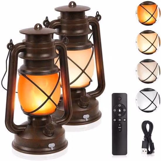 Set di 2 lanterne da esterno in stile vintage, finitura in ottone anticato, con effetto fiamma realistico – 4 modalità di illuminazione dimmerabili, telecomando, connessione USB-C, grado di protezione IP44, batteria da 1200 mAh