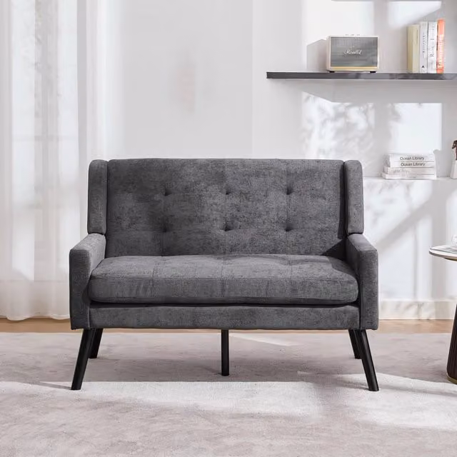 Panca imbottita a 2 posti Mivray in tessuto grigio con gambe in legno per soggiorno e camera da letto