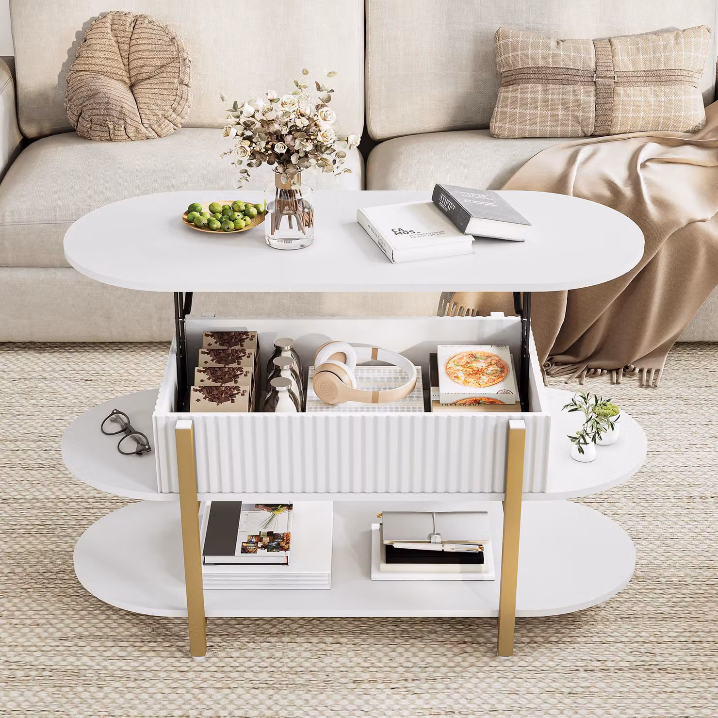 UnboxG: Tavolino da caffè regolabile in altezza, 106 cm, forma ovale, con spazio contenitore, gambe in metallo bianco e dorate, ideale per il soggiorno