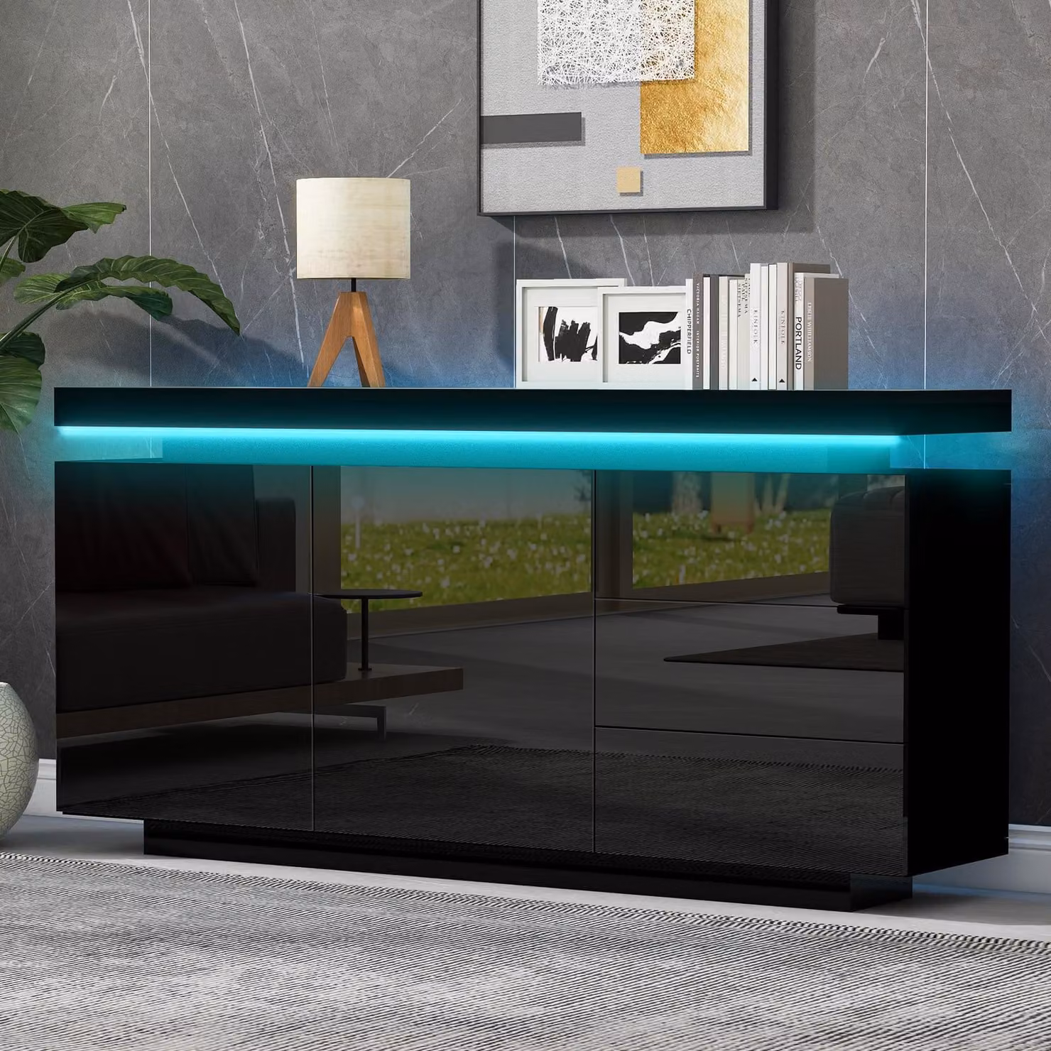 Fortuna Lai Credenza Moderno Soggiorno Mobile ausiliario Mobile alto Comò Credenza alta Mobile da cucina Mobili 2 ante 3 cassetti Credenza lucida con luce LED Senza maniglie 140x35x72,5 cm - Nero