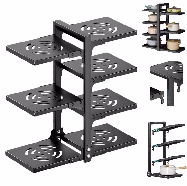 Ripiano portaoggetti per utensili da cucina, design multistrato, ripiani regolabili, colore nero