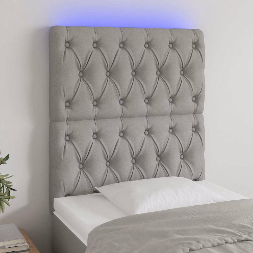Testiera per letto vidaXL in tessuto grigio con illuminazione LED e porta di ricarica USB, L: 118-128 cm, H: 80 cm, P: 7 cm