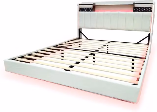 Letto matrimoniale 160x200 cm con LED; USB e testiera contenitore in lino beige