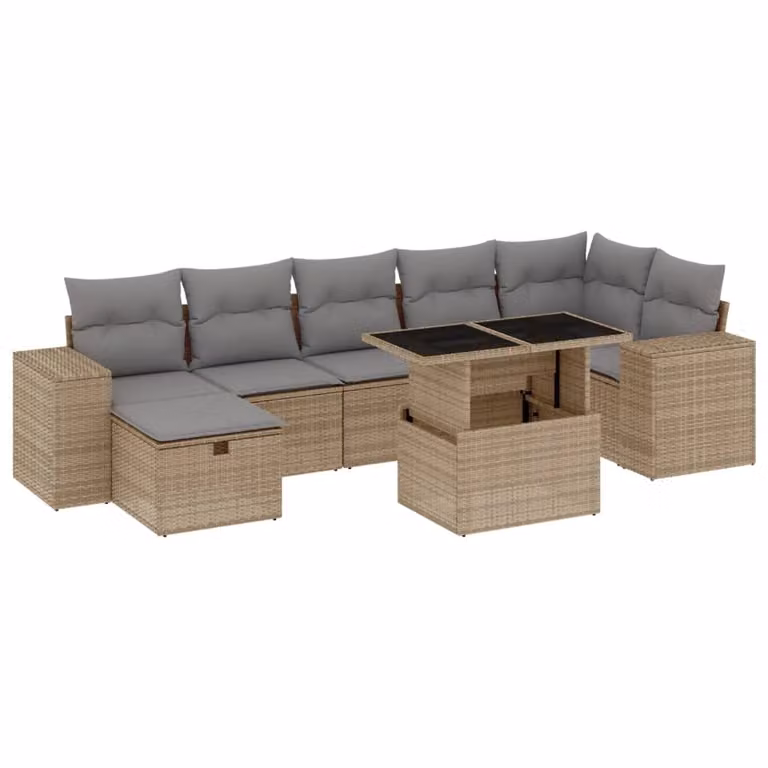 Set Divano da Giardino 8 pz con Cuscini Beige in Polyrattan