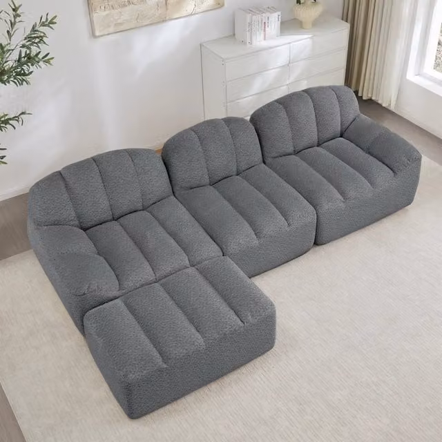 Divano Modulare Angolare a Forma di L Vovees Living con Pouf, Rivestimento in Tessuto Grigio, L/P/H: 288 x 165 x 79 cm