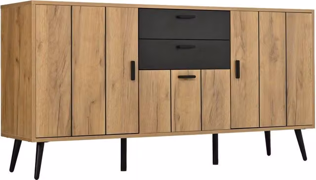 Credenza moderna Chicfurn con 2 cassetti soft-close e 3 ante per soggiorno e sala da pranzo, finitura opaca nero e marrone, L 140 x P 35 x H 67 cm – 1