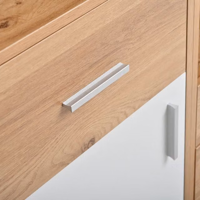 Mobile da ingresso con specchio; scarpiera a ribalta; cassetti e panca; MDF con LED regolabili via app; bianco e legno