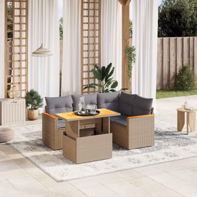 vidaXL Set Divano da Giardino a L 5 pz con Cuscini Beige e Tavolino, Design Moderno in Polyrattan e Acciaio con Coperture Rimovibili