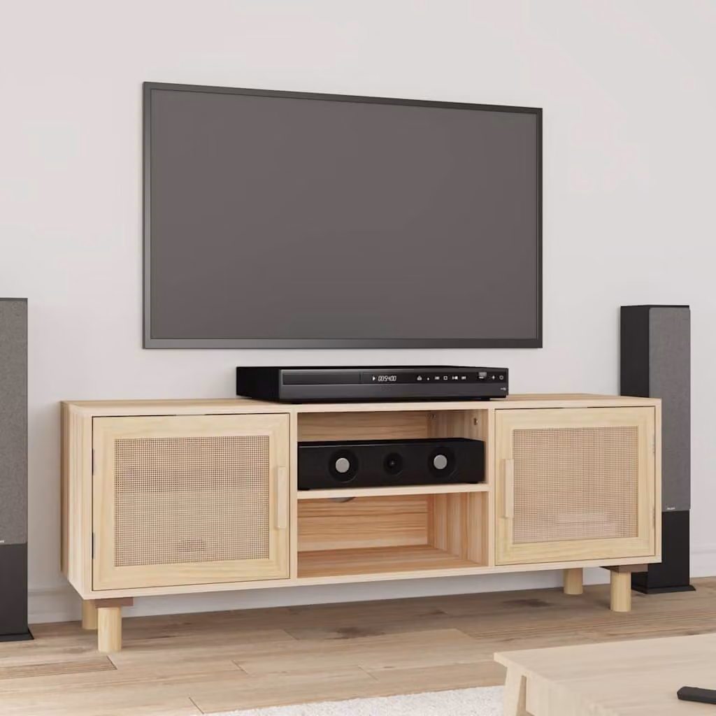 Mobile TV vidaXL in legno di pino massello e rattan naturale, colore marrone e beige, stile scandinavo, L/P/H: 105 x 30 x 40 cm