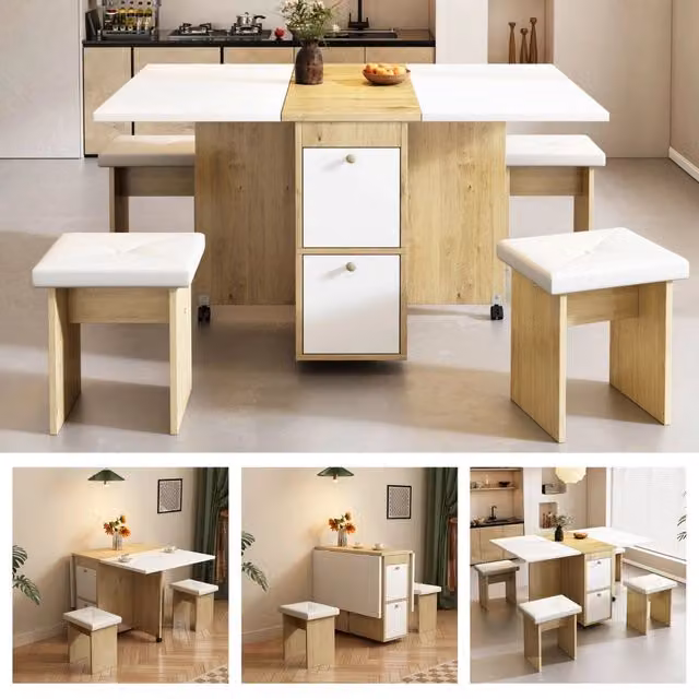 Set Tavolo da Pranzo Allungabile e Pieghevole con 4 Sedie, 120x80x75 cm, Multifunzione, Bianco e Rovere