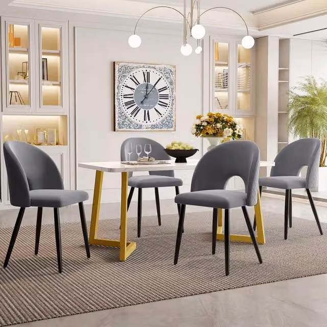 Set tavolo da pranzo MIVRAY con 4 sedie in velluto grigio e piano rettangolare in MDF lucido L: 117 cm, P: 75 cm, H: 75 cm