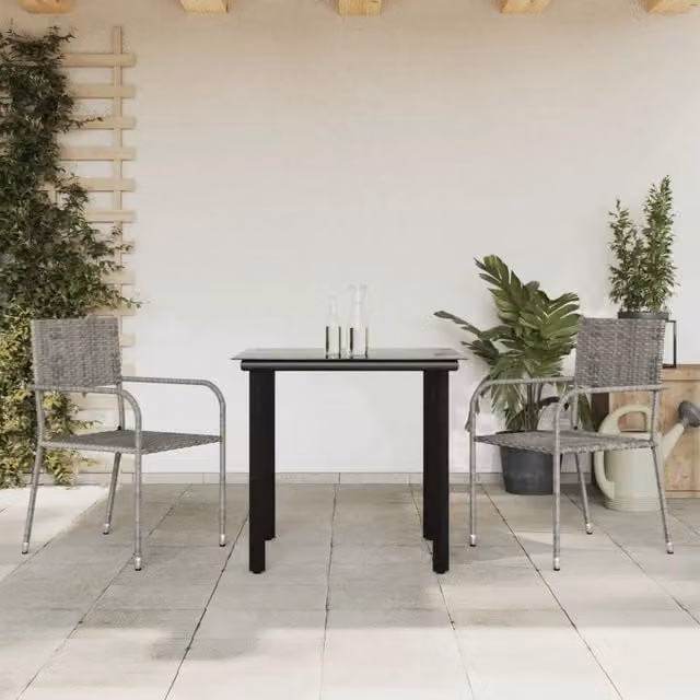 Set da pranzo da giardino VIDAXL in 3 pezzi in polyrattan e acciaio con piano in vetro, colori nero e grigio – 1