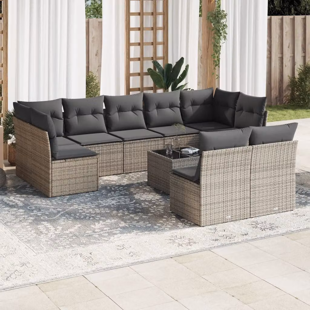 vidaXL Set Divano da Giardino 10 pz in Polyrattan Grigio con Cuscini e Tavolino da Caffè – 1