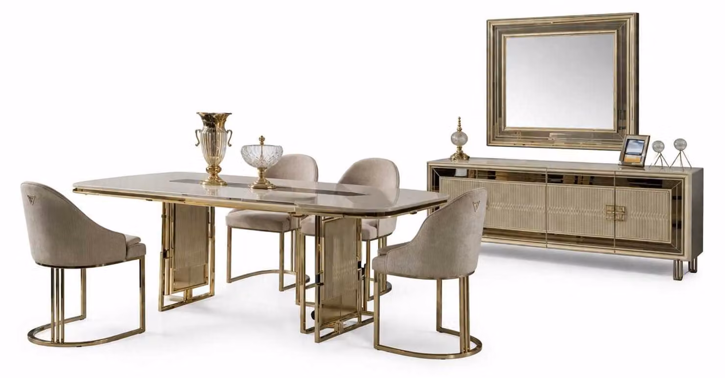 Set da pranzo tavolo da pranzo, 4 sedie, credenza di design con specchio