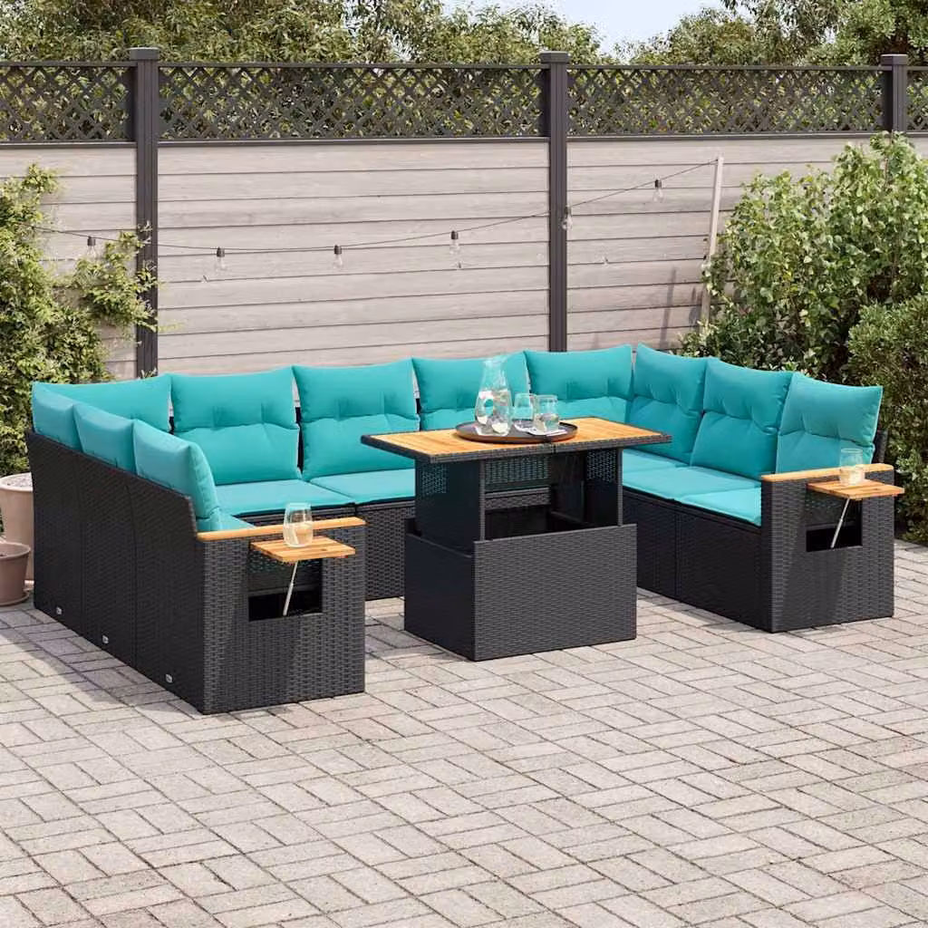Set Divani da Giardino vidaXL in Polyrattan con Cuscini e Tavolino, Design a U, Colore Nero e Blu Turchese