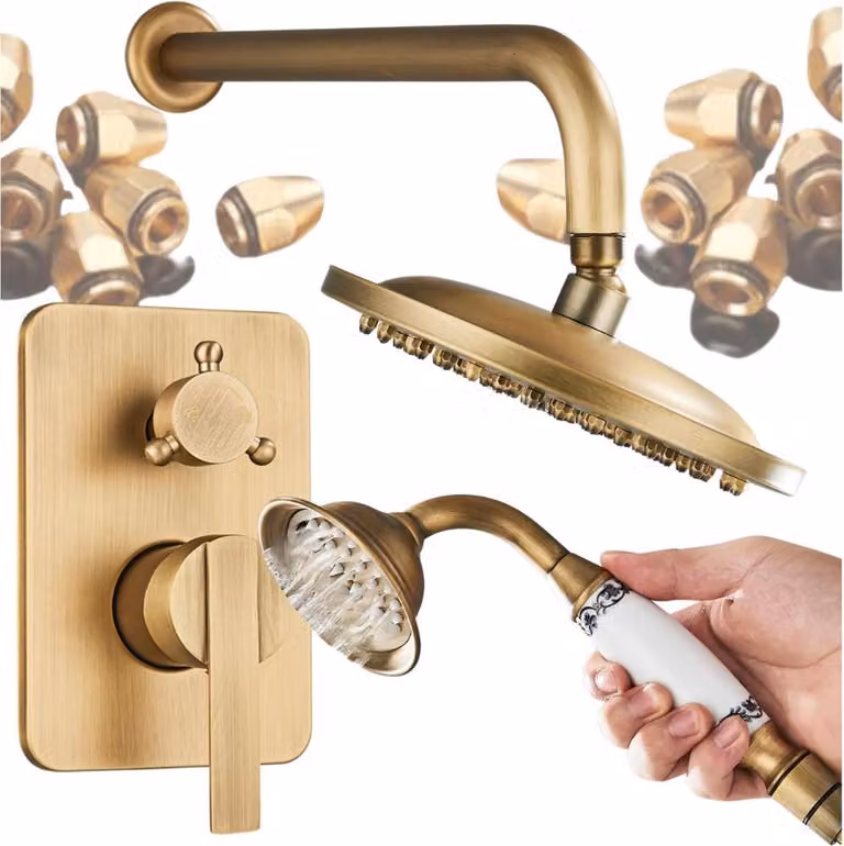 Zestaw doccia incasso Ari retro in ottone, soffione rotondo 20 cm regolabile, miscelatore con cartuccia Vetroceramica, finitura ottone