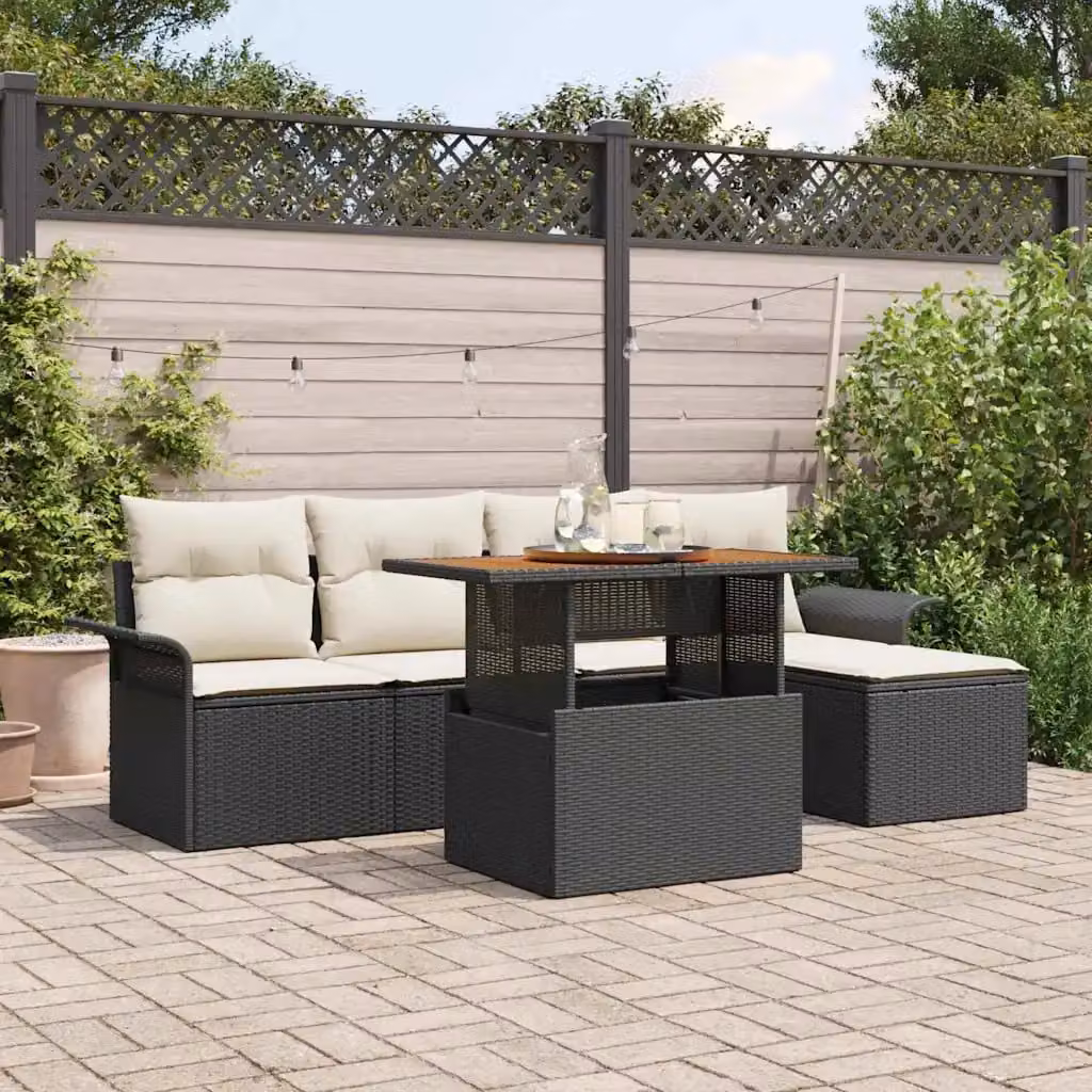 vidaXL Set Divano da Giardino Moderno a L con Tavolino e Ottoman, 6 Pezzi, Nero e Beige – 1