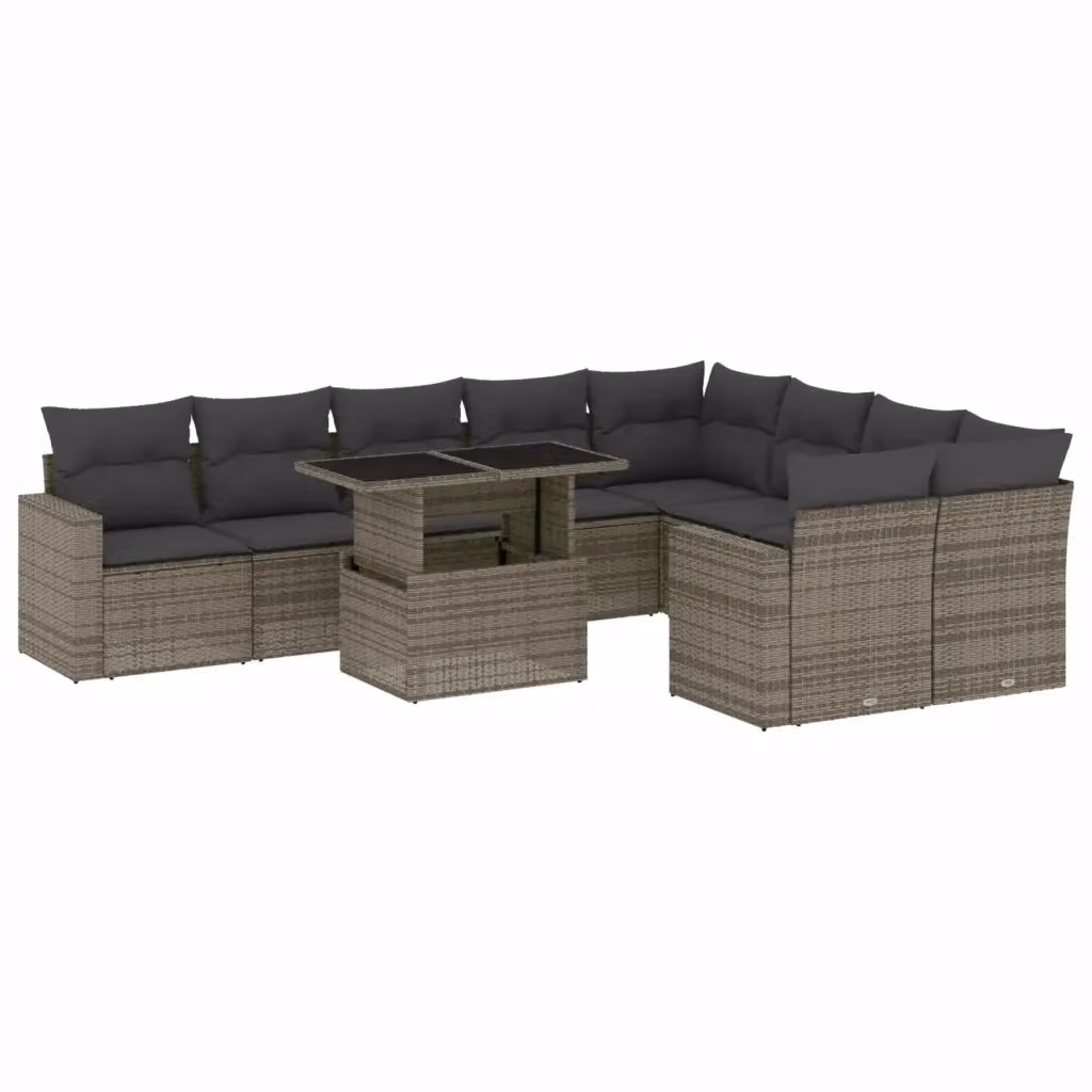 vidaXL Set Divano da Giardino 10 pz a Forma a L in Polyrattan Grigio con Cuscini e Tavolino – 2