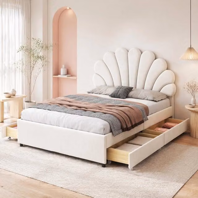 Letto matrimoniale Mivray con 4 cassetti, imbottito in velluto beige con testiera a motivo floreale e rete a doghe, L: 140 cm, P: 200 cm, H: 116 cm