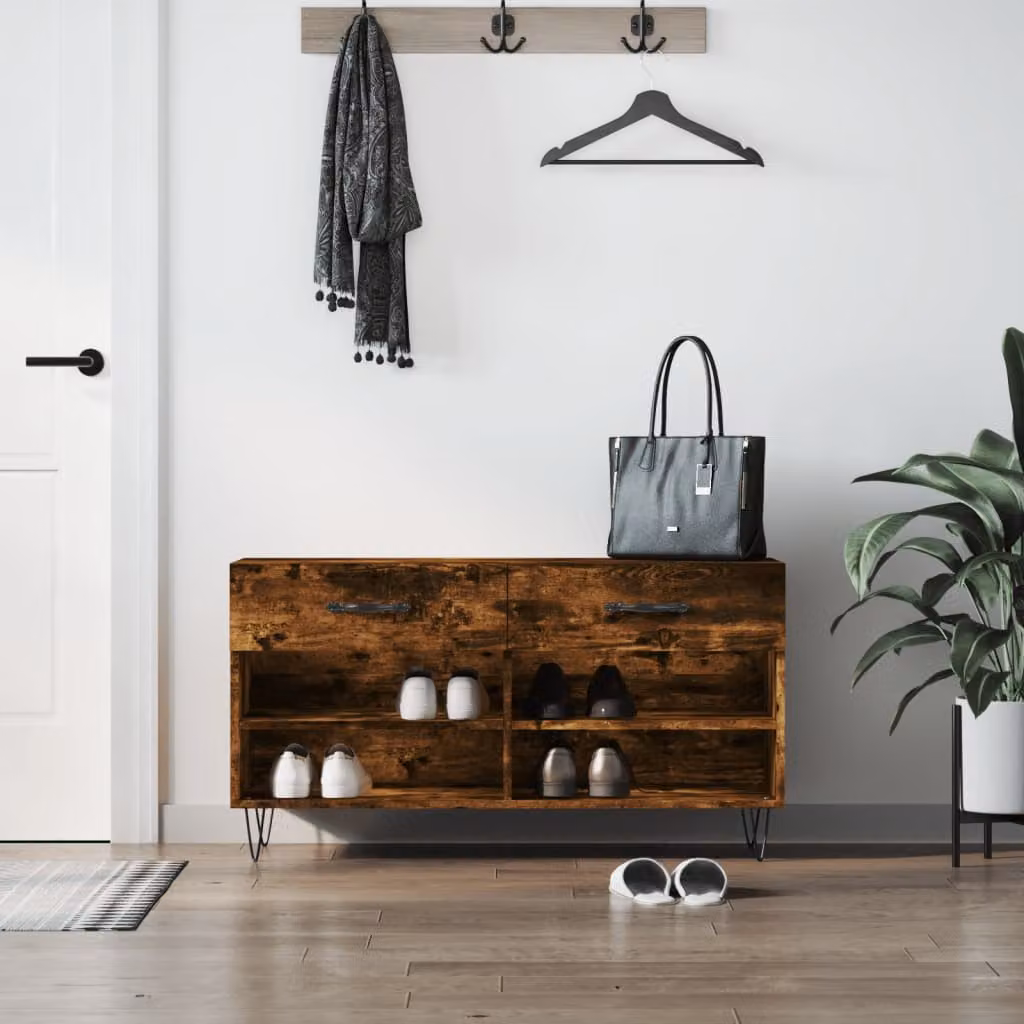 Panca porta scarpe vidaXL in legno e metallo stile industrial, colore rovere fumo, L 102 cm x P 35 cm x H 55 cm