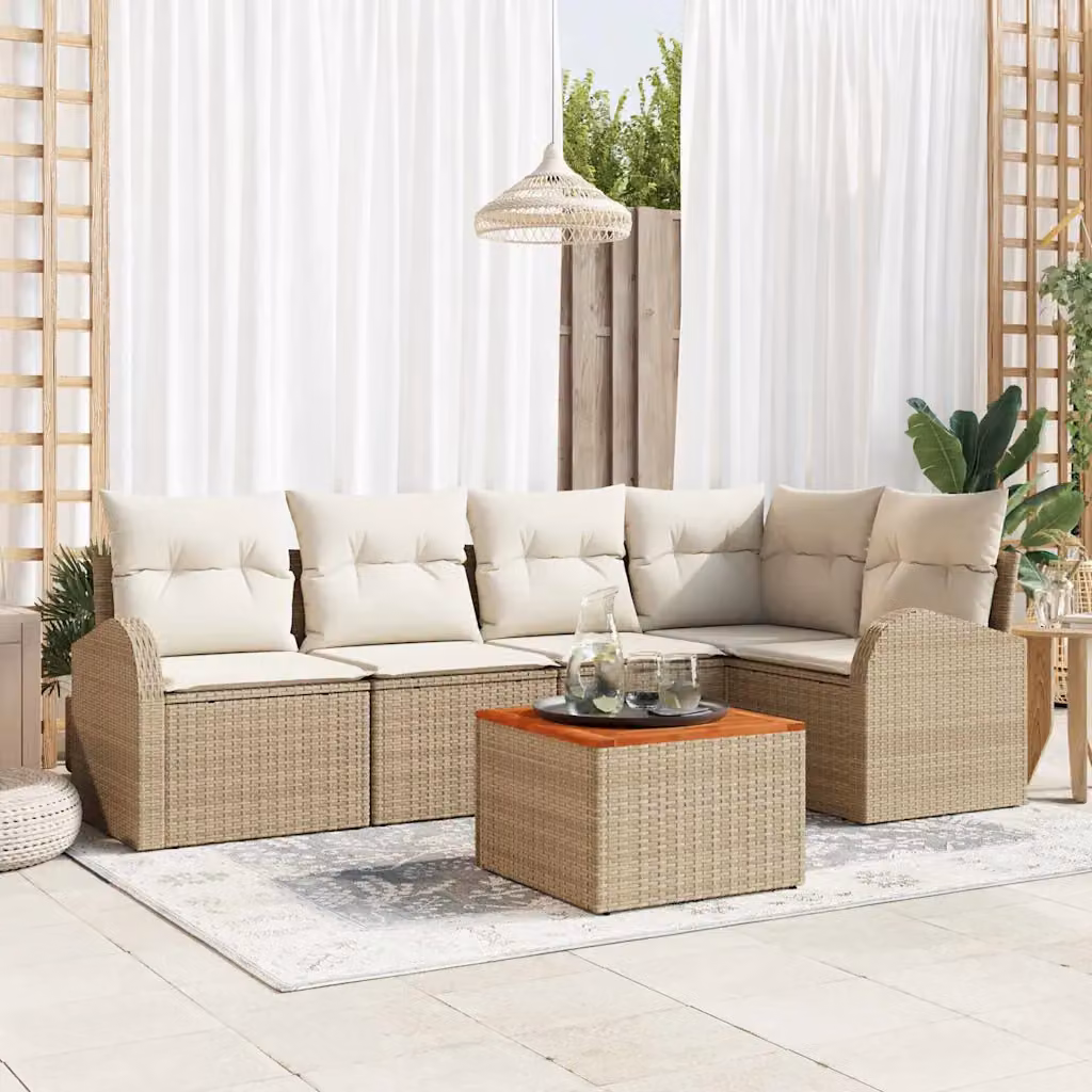 Set Divano da Giardino vidaXL 6 pz in Polyrattan Beige e Bianco con Tavolino e Cuscini